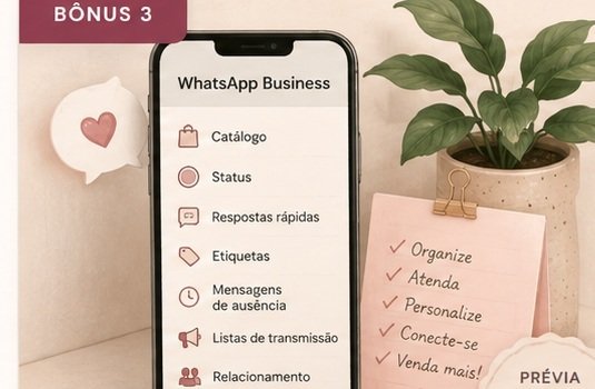 Ilustração do bônus WhatsApp Business: celular, atendimento e organização de clientes