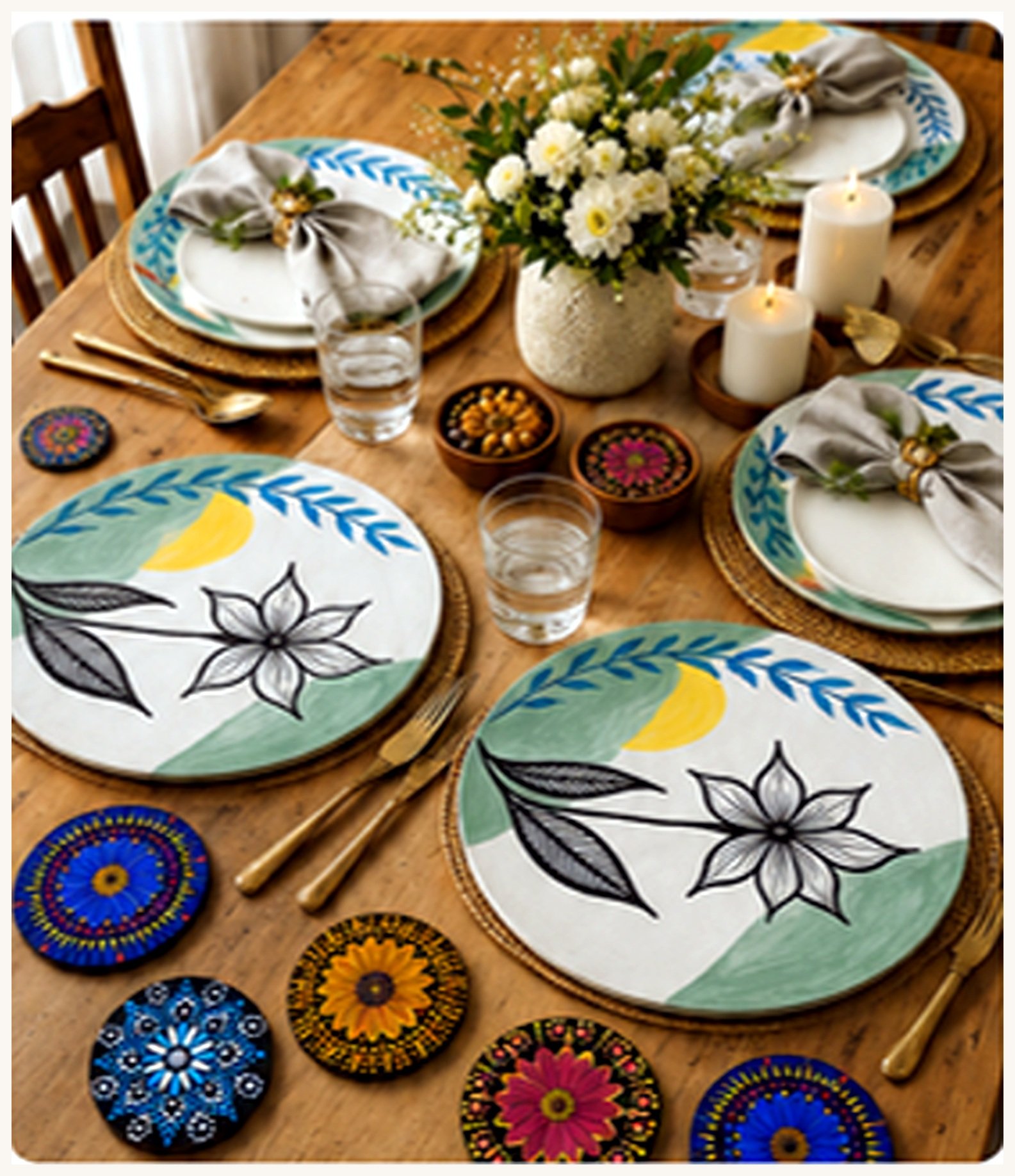 Mesa posta com souplats e porta-copos artesanais